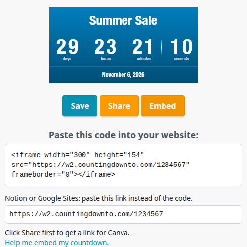 The Embed button and the embed code below it in the countdown editor